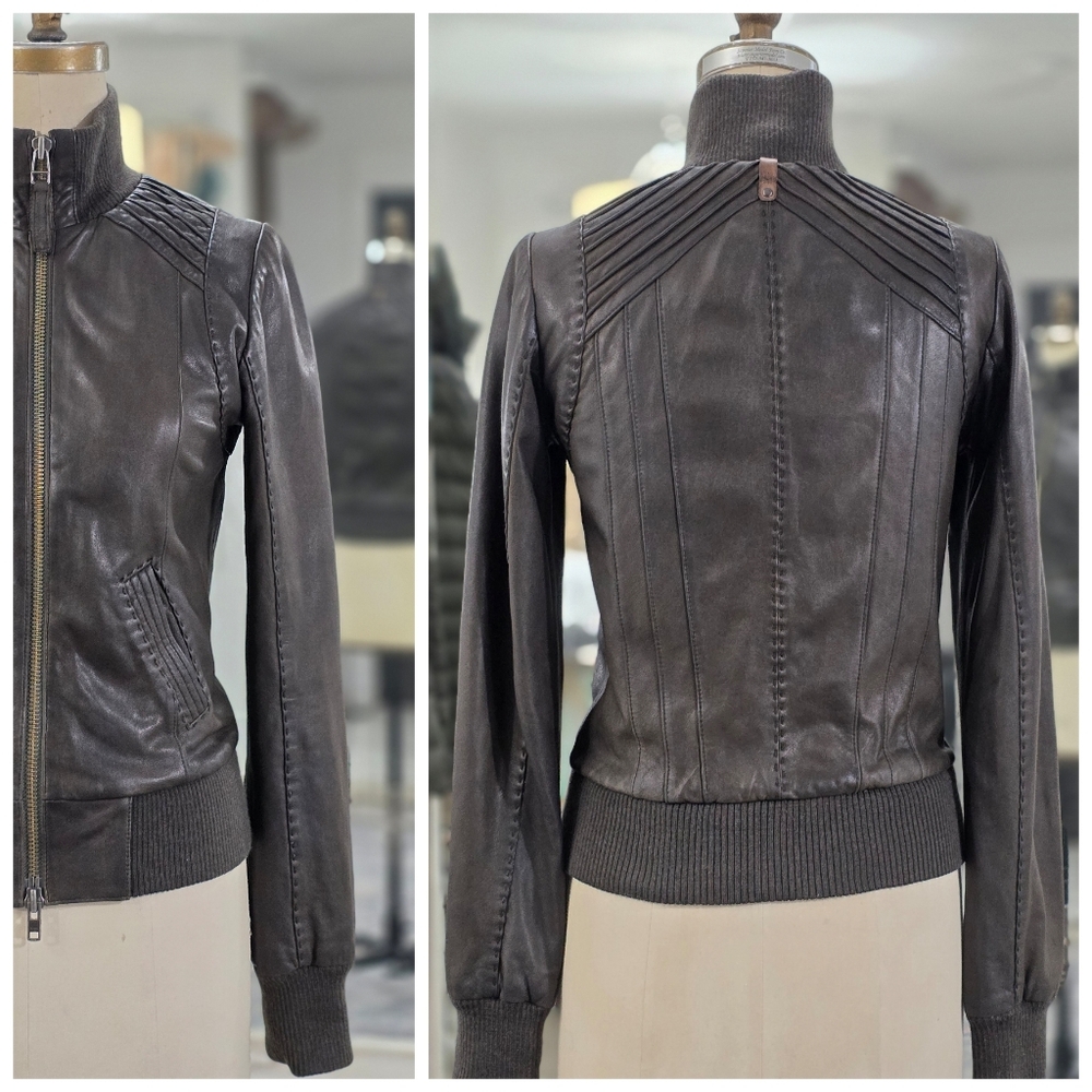 Mackage Dark Brown Leather Bomber Jacket with Ribbed Collar & Hem